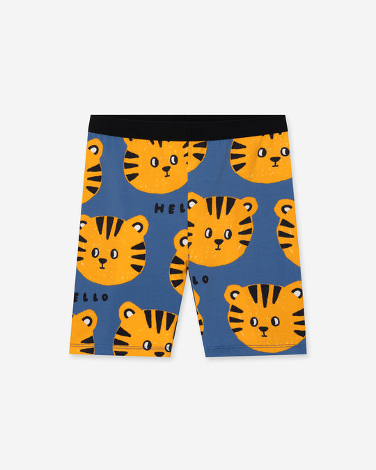 Hello Tiger Bike Pant in blue, girls bike shorts by Minti, flat lay