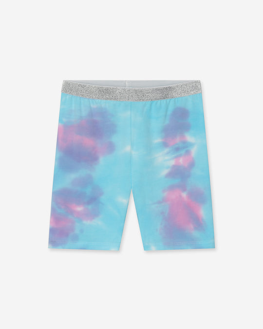 Tie Dye Bike Pant in multi, girls bike shorts by Minti, flat lay
