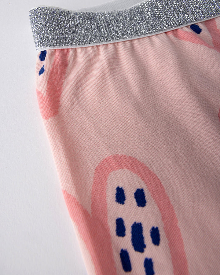 Close up detail of the Speckle Heart Bike Pant in pink
