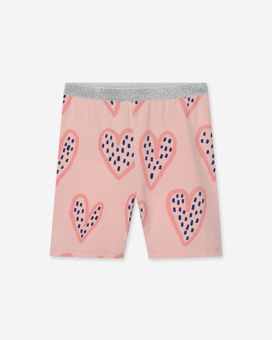 Speckle Heart Bike Pant in pink, girls bike shorts by Minti, flat lay
