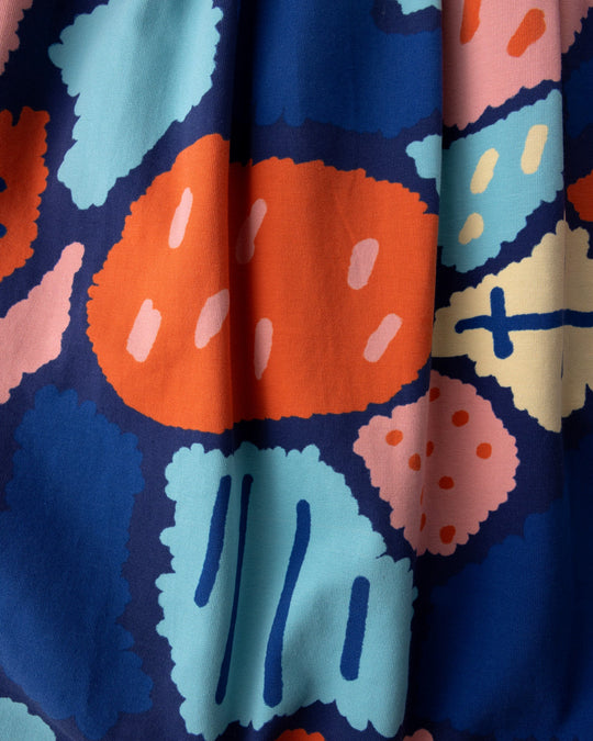 Close up of the Cool Shapes Dress print in dark blue