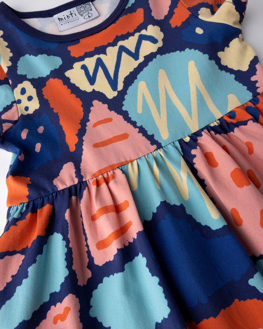 Close up of the Cool Shapes Dress print in dark blue