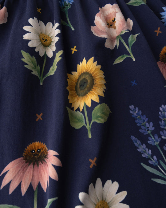 Close up of the Flower Friends Dress print in ink
