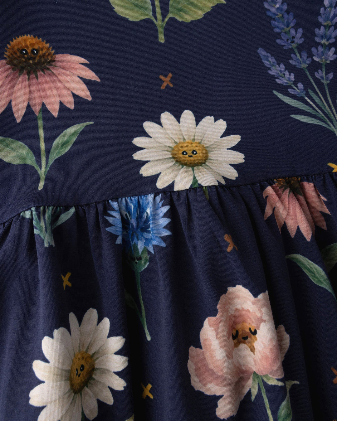 Close up of the Flower Friends Dress print in ink