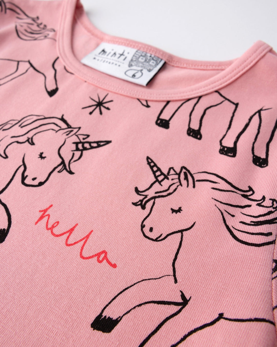 Close up of the Hello Unicorns Dress print in pink