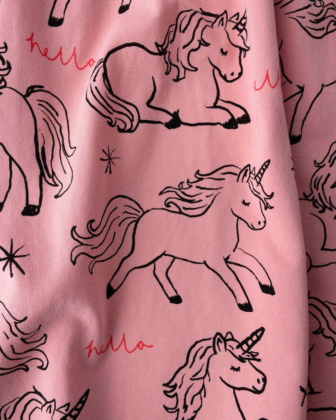 Close up of the Hello Unicorns Dress print in pink