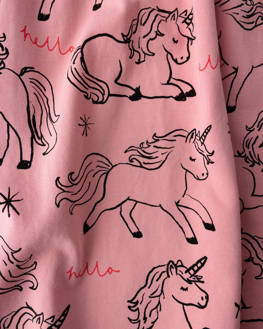 Close up of the Hello Unicorns Dress print in pink