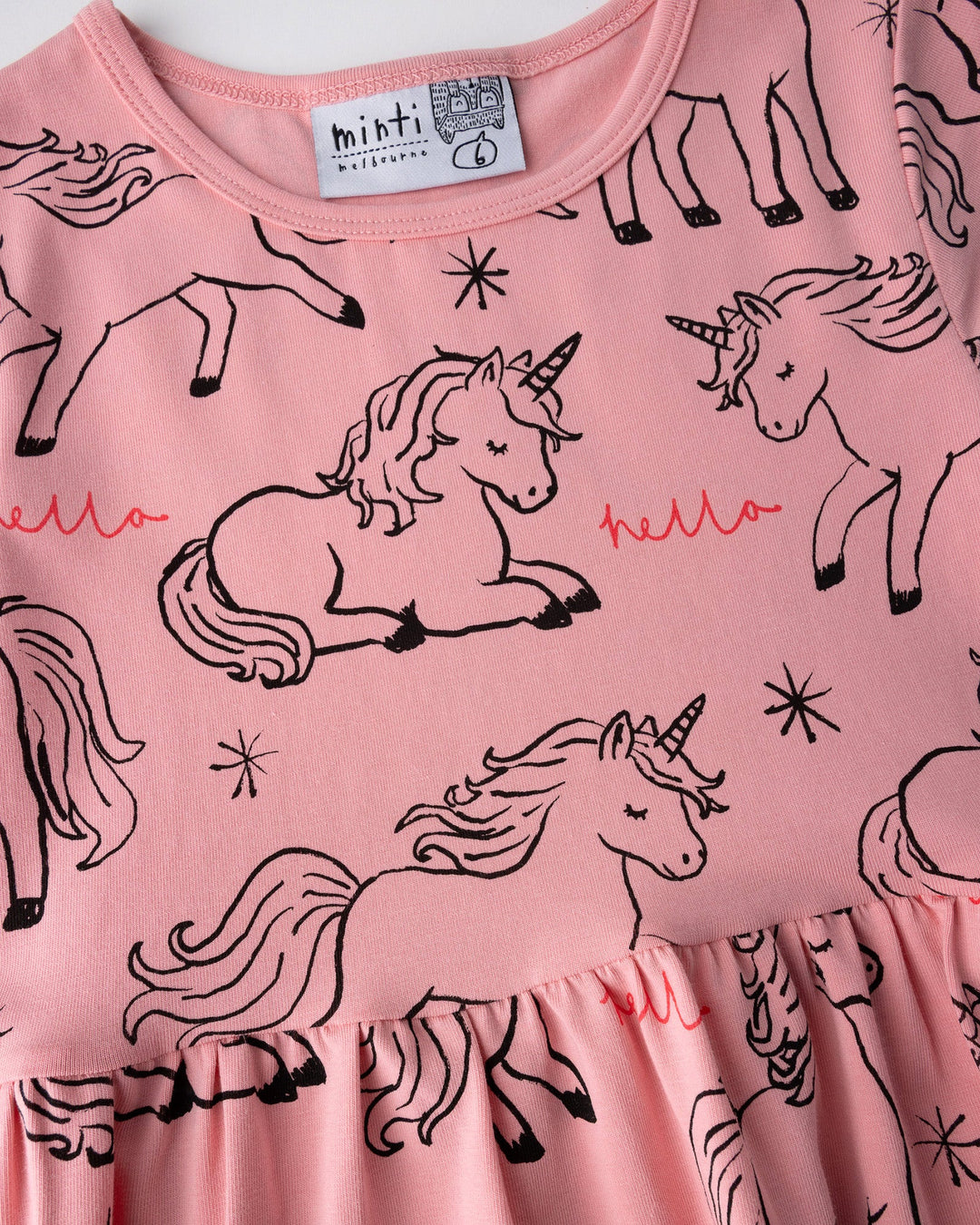 Close up of the Hello Unicorns Dress print in pink