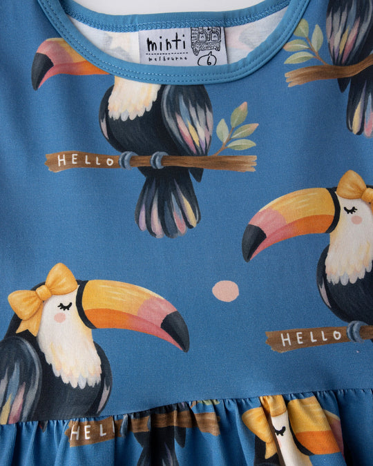 Close up detail of the Hello Toucan Dress in aqua