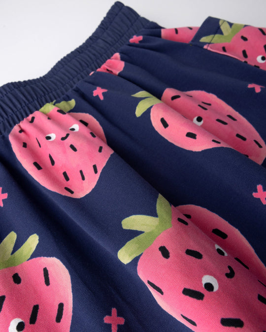 Close up detail of the Happy Strawberry Skirt in turquoise