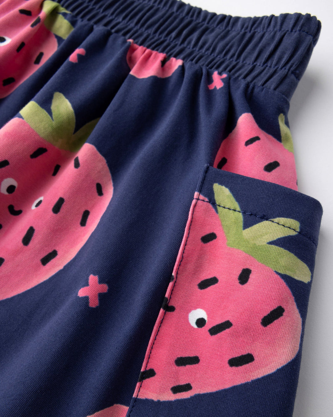 Close up detail of the Happy Strawberry Skirt in turquoise