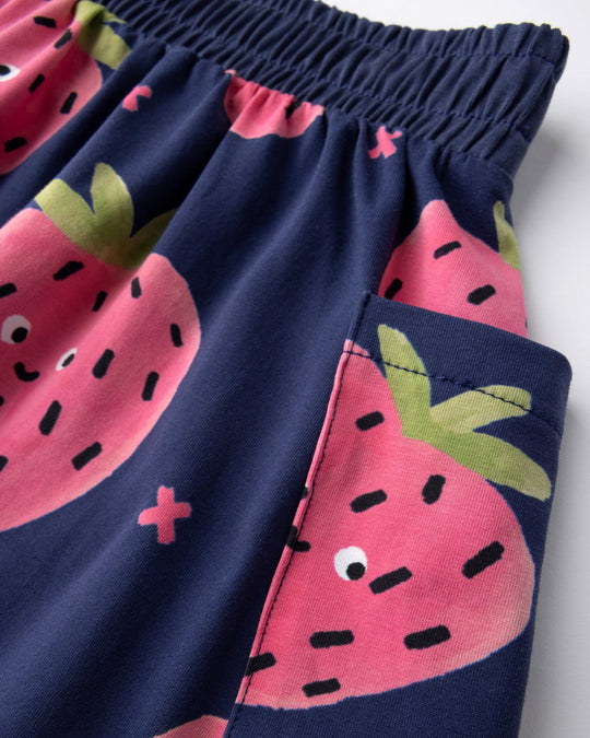Close up detail of the Happy Strawberry Skirt in turquoise