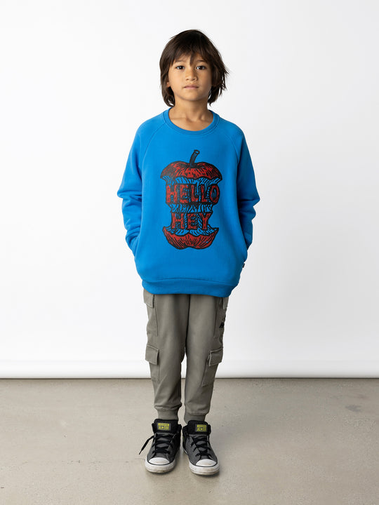 Minti kids clothing. Super cool and comfy crew with hidden side pockets. Perfect for keeping hands warm! 330 Gram // Brushed Inside // 95% Cotton // 5% Elastane.
