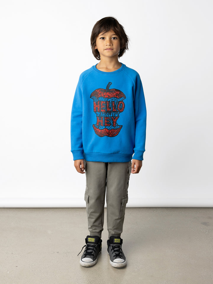 Minti kids clothing. Super cool and comfy crew with hidden side pockets. Perfect for keeping hands warm! 330 Gram // Brushed Inside // 95% Cotton // 5% Elastane.