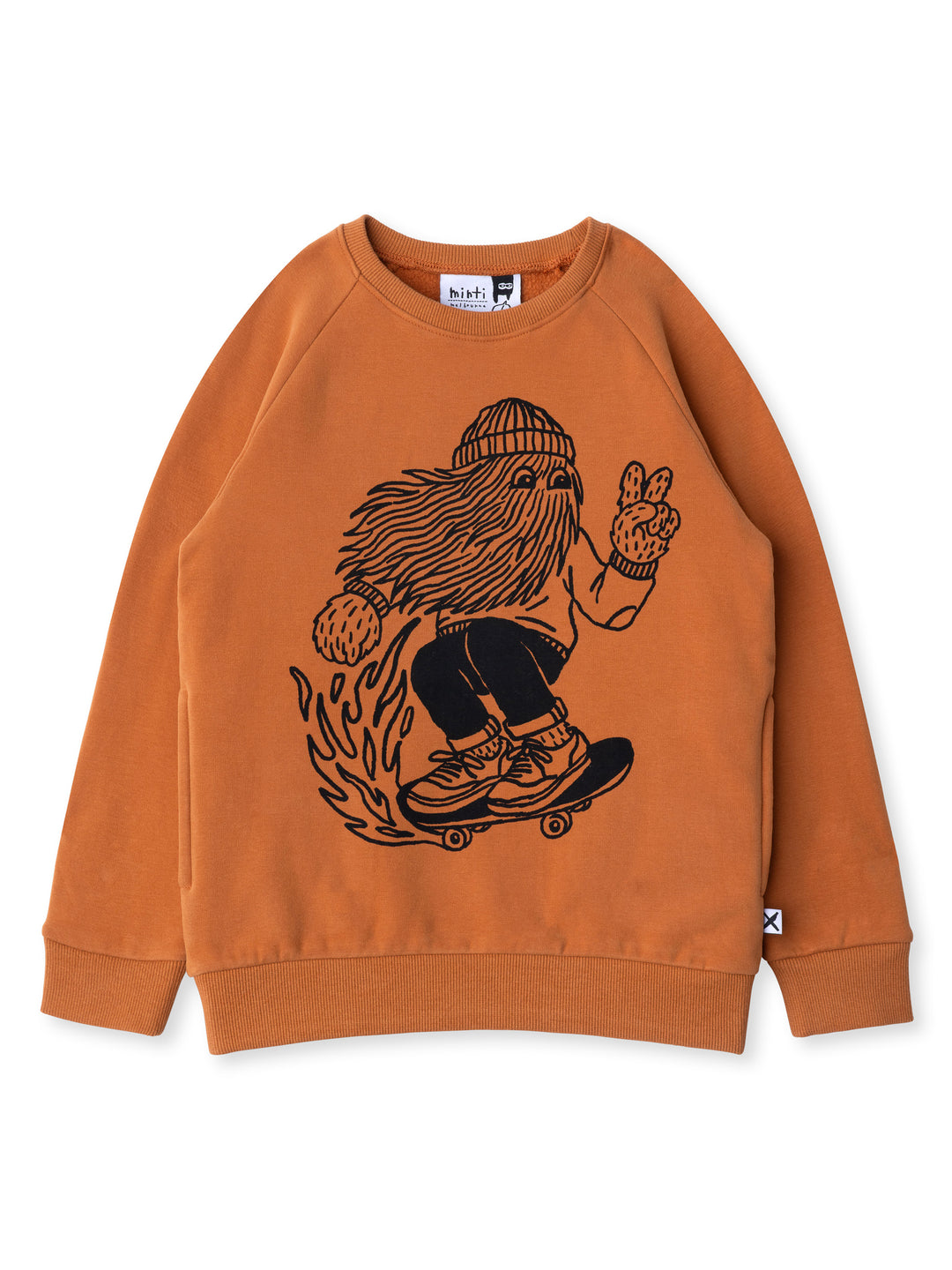 Minti kids clothing. Super cool and comfy crew with hidden side pockets. Perfect for keeping hands warm! 330 Gram // Brushed Inside // 95% Cotton // 5% Elastane.