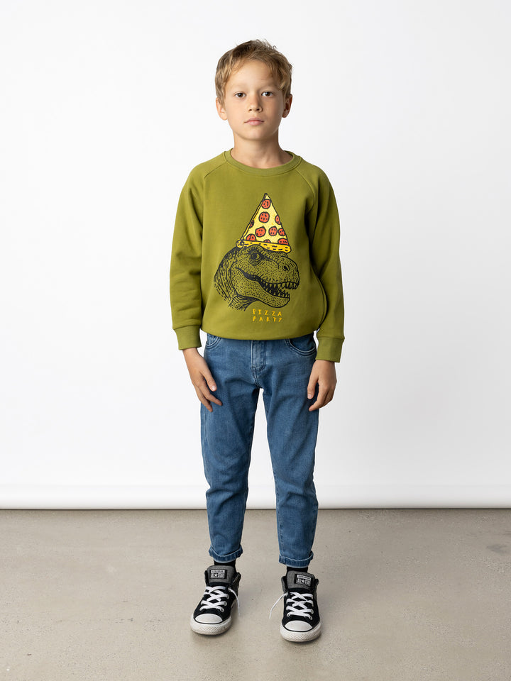 Minti kids clothing. Super cool and comfy crew with hidden side pockets. Perfect for keeping hands warm! 330 Gram // Brushed Inside // 95% Cotton // 5% Elastane.