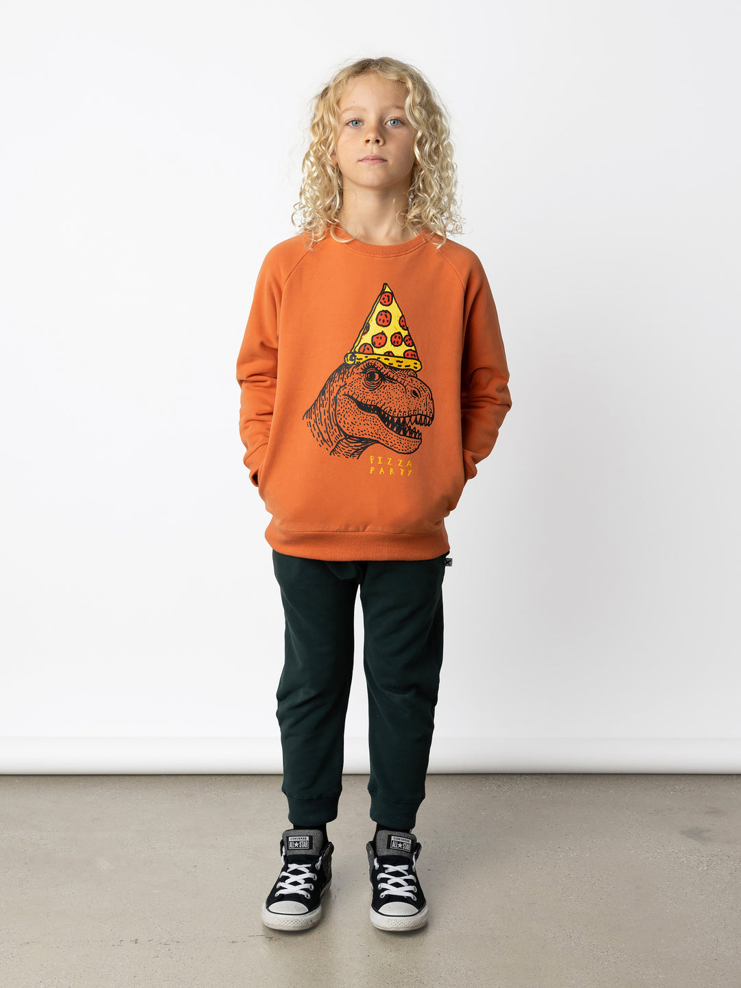 Minti kids clothing. Super cool and comfy crew with hidden side pockets. Perfect for keeping hands warm! 330 Gram // Brushed Inside // 95% Cotton // 5% Elastane.