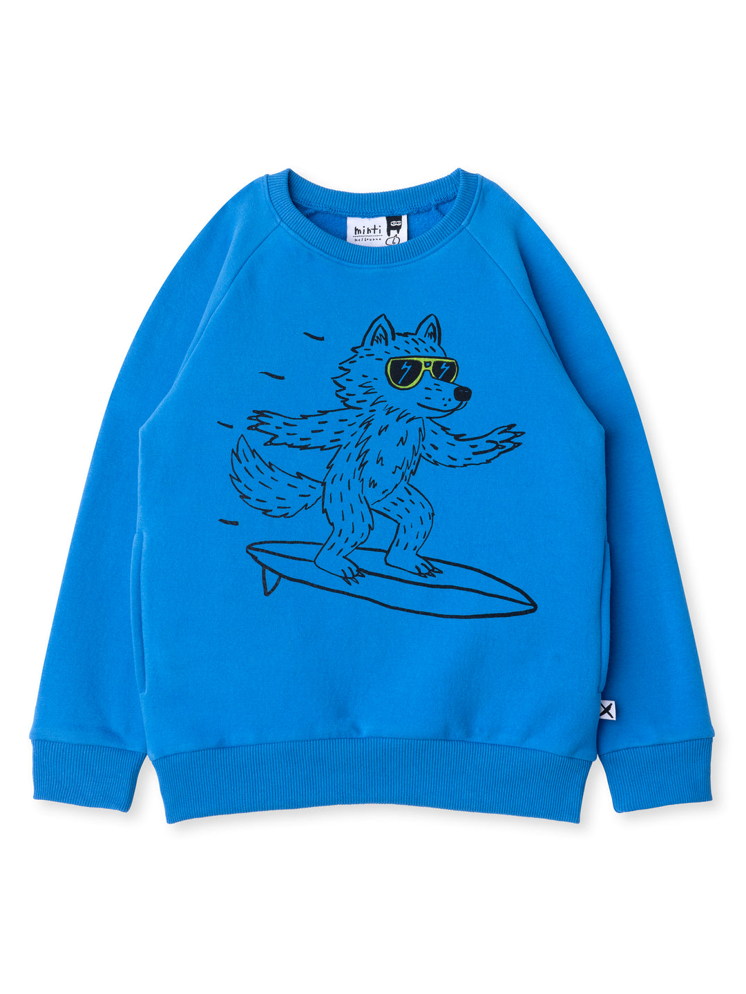 Minti kids clothing. Super cool and comfy crew with hidden side pockets. Perfect for keeping hands warm! 330 Gram // Brushed Inside // 95% Cotton // 5% Elastane.