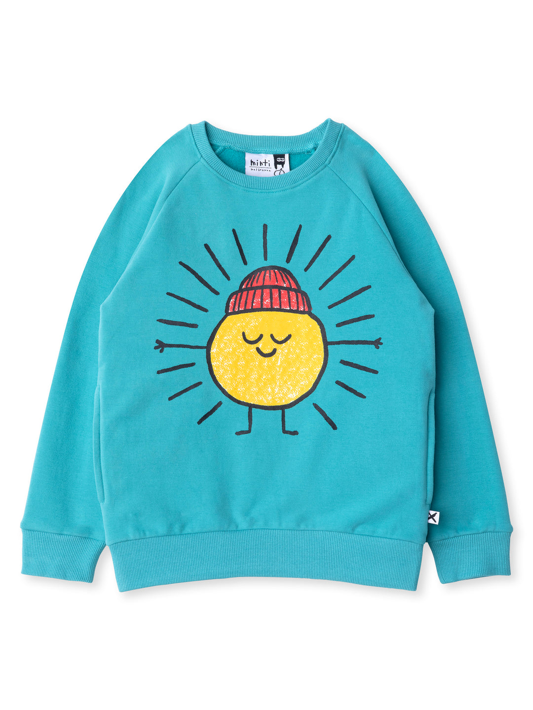 Minti kids clothing. Super cool and comfy crew with hidden side pockets. Perfect for keeping hands warm! 330 Gram // Brushed Inside // 95% Cotton // 5% Elastane.