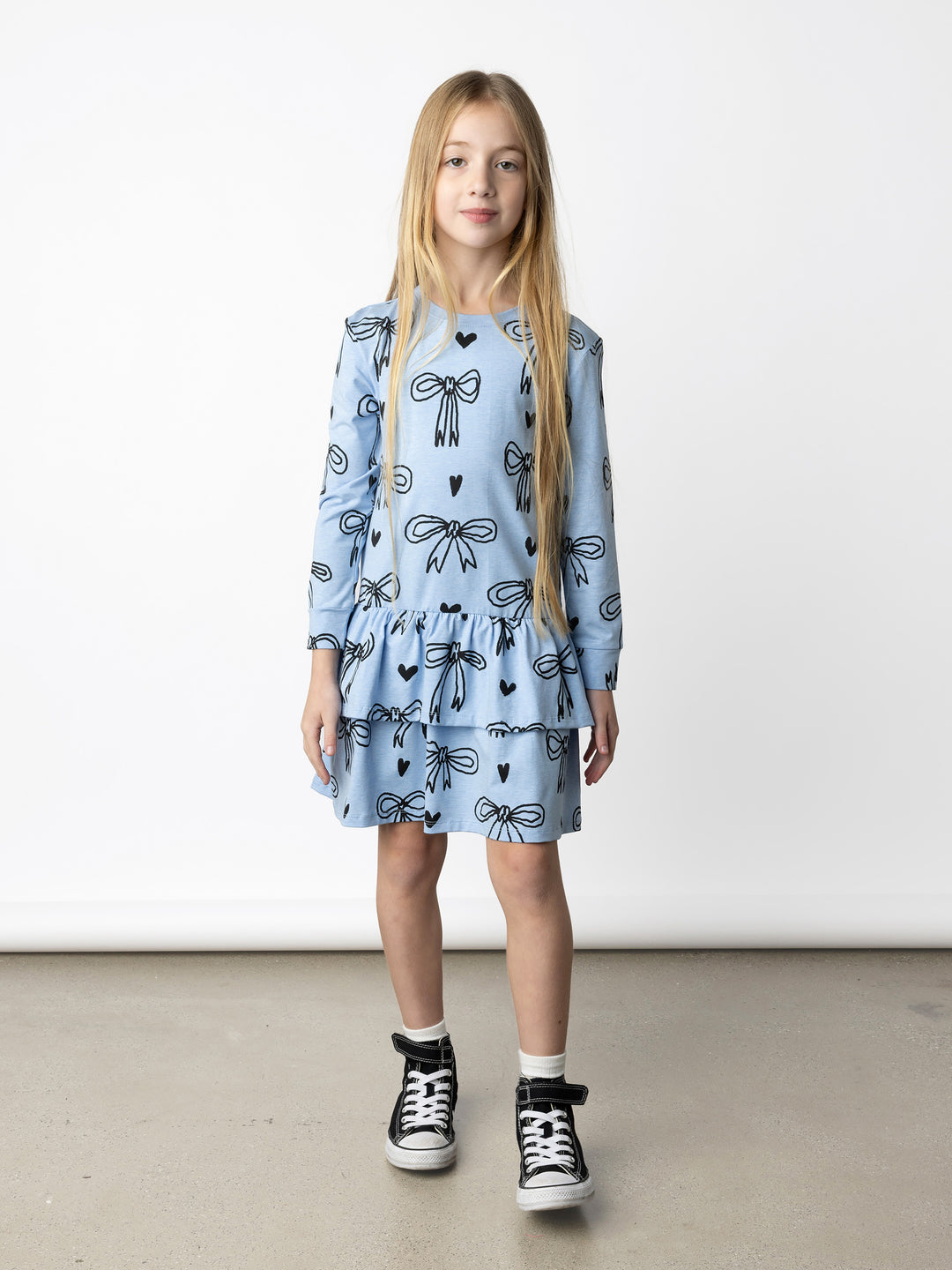 Minti kids clothing. Super pretty tshirting weight dress with skirt frill detail. 180 Gram // 95% Cotton // 5% Elastane.