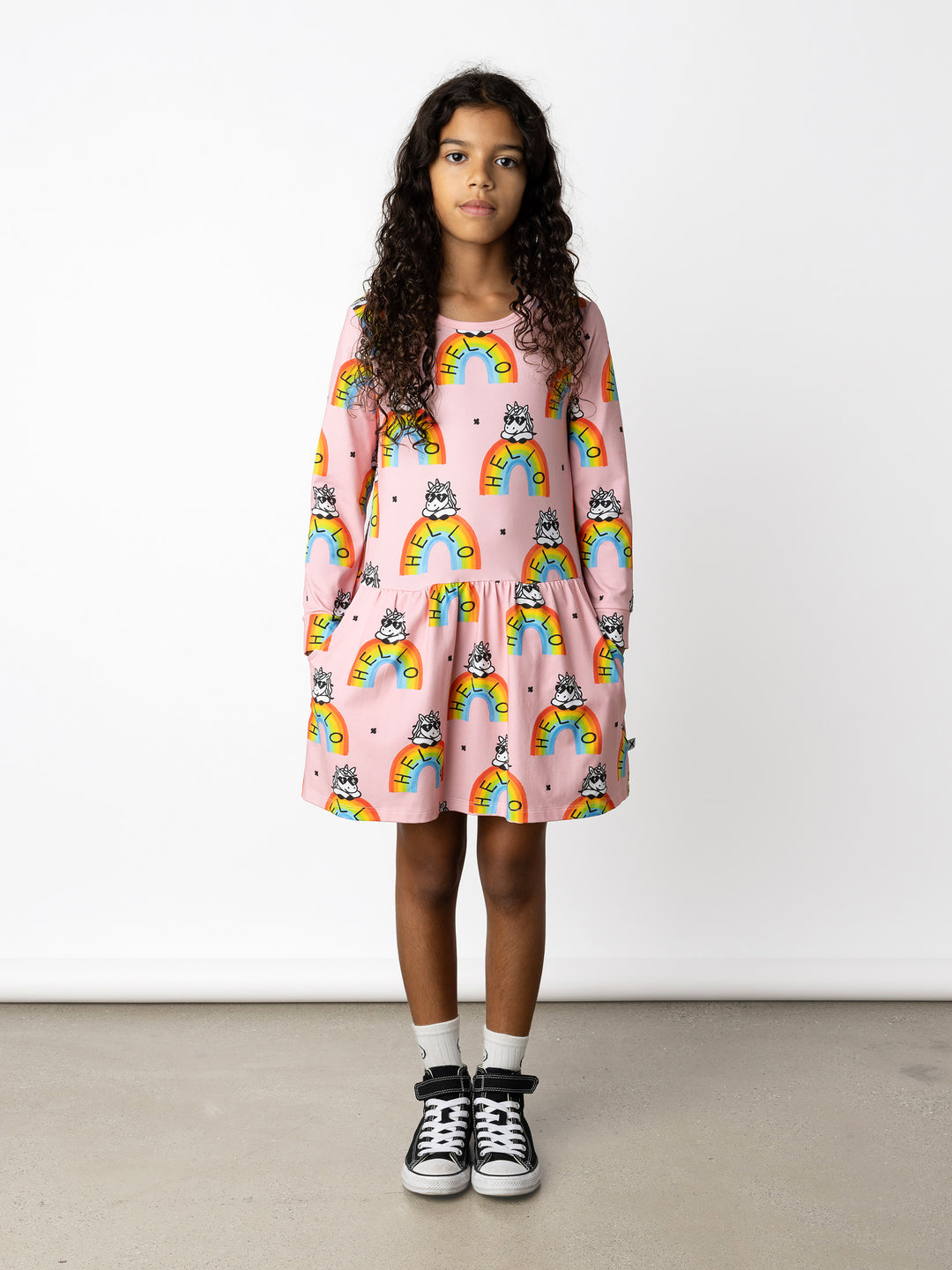 Minti kids clothing. Comfy tshirting weight dress with ruched skirt seam, front pockets and scooped back hem. 190 Gram // 95% Cotton // 5% Elastane