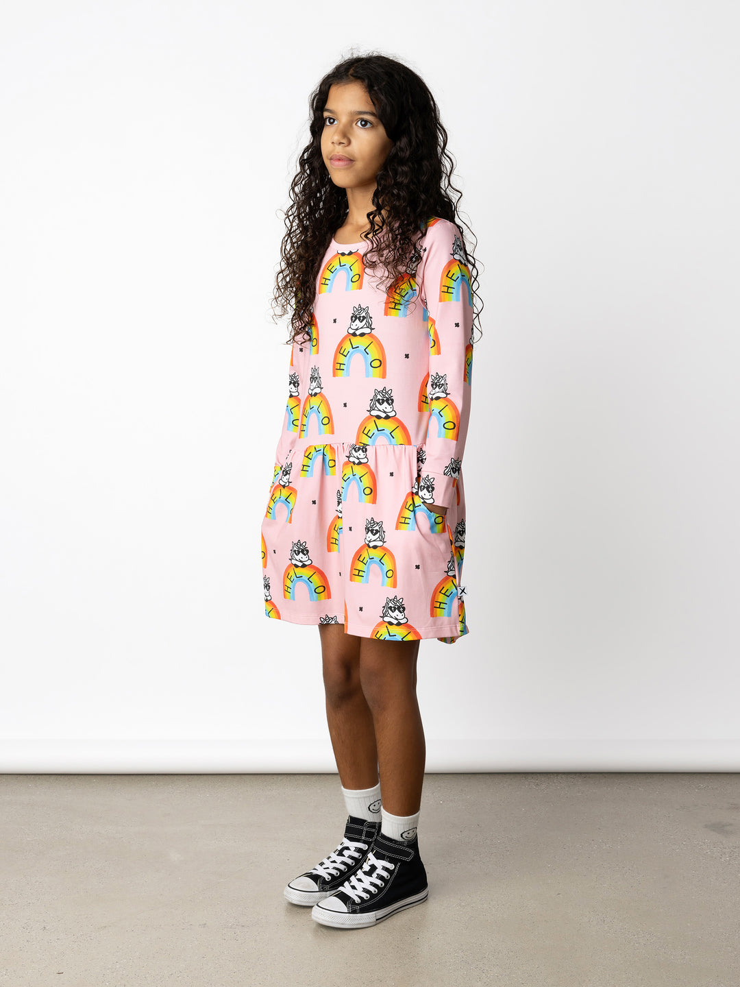 Minti kids clothing. Comfy tshirting weight dress with ruched skirt seam, front pockets and scooped back hem. 190 Gram // 95% Cotton // 5% Elastane