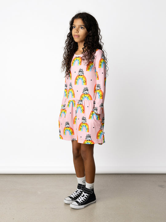 Minti kids clothing. Comfy tshirting weight dress with ruched skirt seam, front pockets and scooped back hem. 190 Gram // 95% Cotton // 5% Elastane