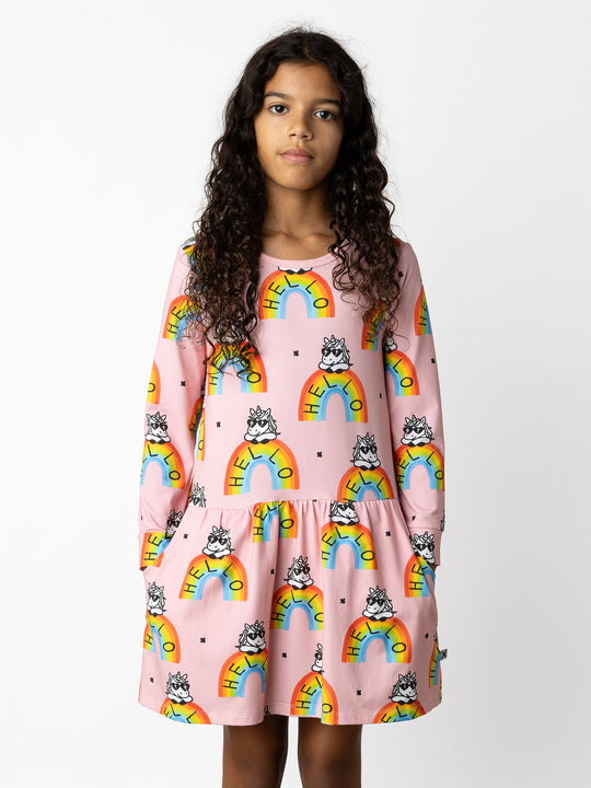 Minti kids clothing. Comfy tshirting weight dress with ruched skirt seam, front pockets and scooped back hem. 190 Gram // 95% Cotton // 5% Elastane