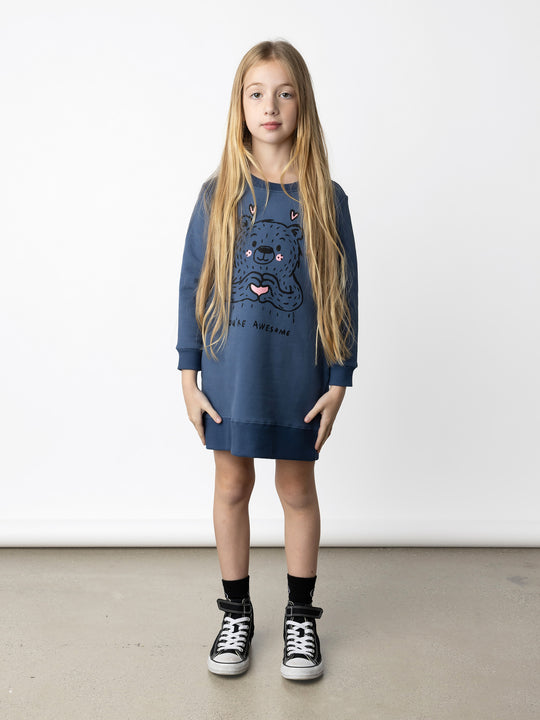 Minti kids clothing. Awesome Crew dress with hidden side pockets, A-Line shape and a 2x2 Rib hem. 330 Gram // Brushed Inside // 95% Cotton // 5% Elastane.