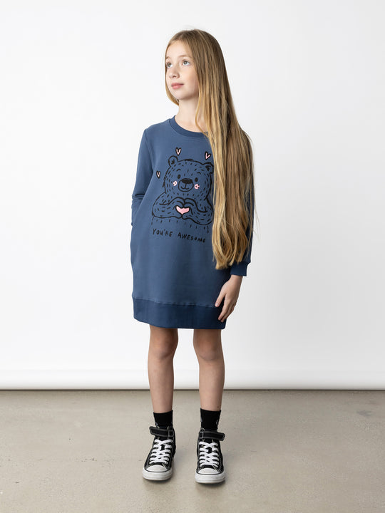 Minti kids clothing. Awesome Crew dress with hidden side pockets, A-Line shape and a 2x2 Rib hem. 330 Gram // Brushed Inside // 95% Cotton // 5% Elastane.