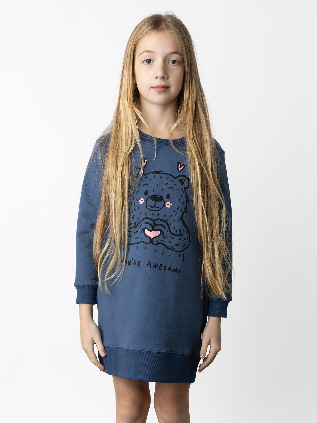 Minti kids clothing. Awesome Crew dress with hidden side pockets, A-Line shape and a 2x2 Rib hem. 330 Gram // Brushed Inside // 95% Cotton // 5% Elastane.