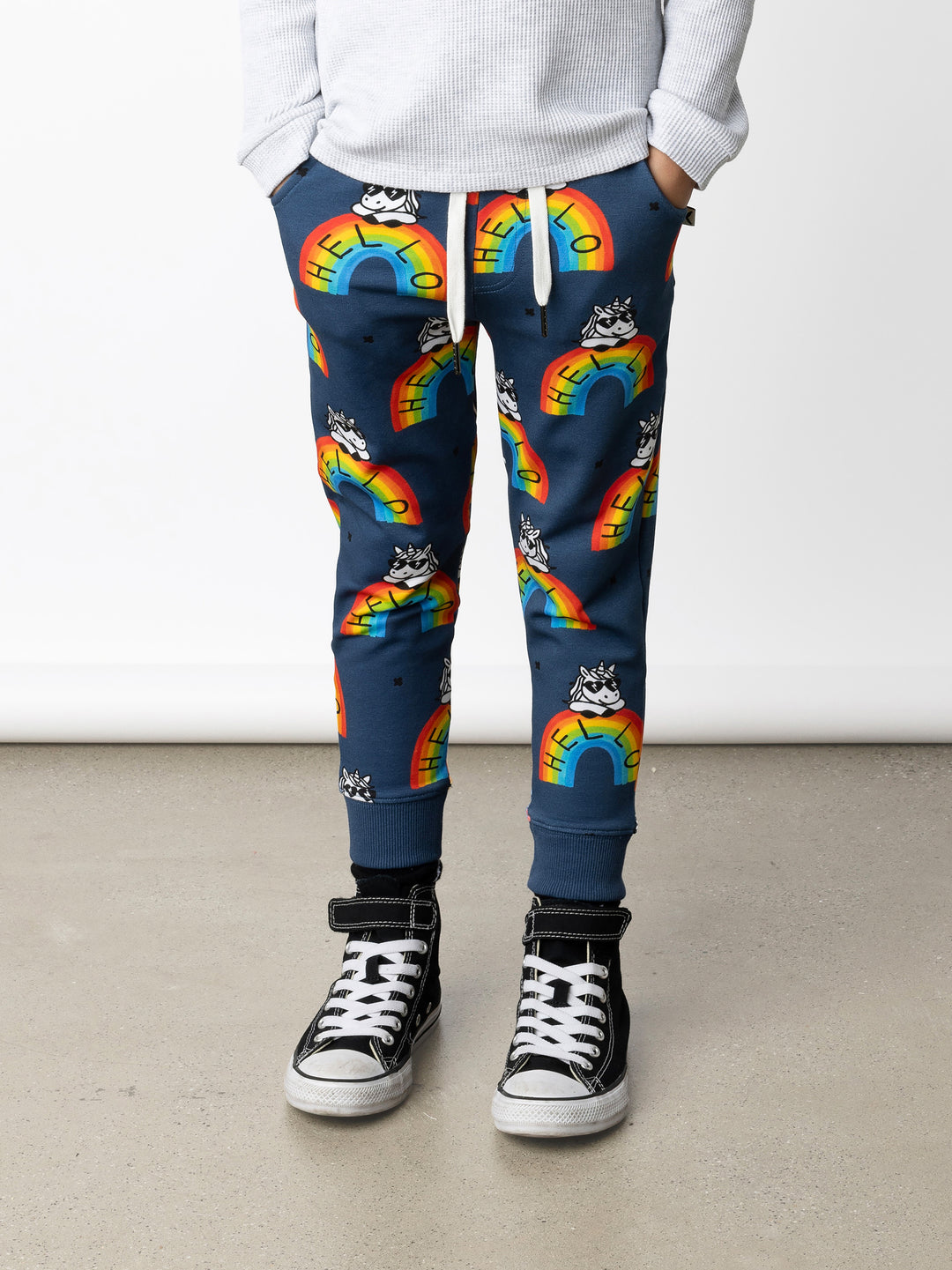 Minti kids clothing. Straight leg trackies with front pockets, shoelace cord and 2x2 rib waistband and cuffs. 320 Gram // 95% Cotton // 5% Elastane.