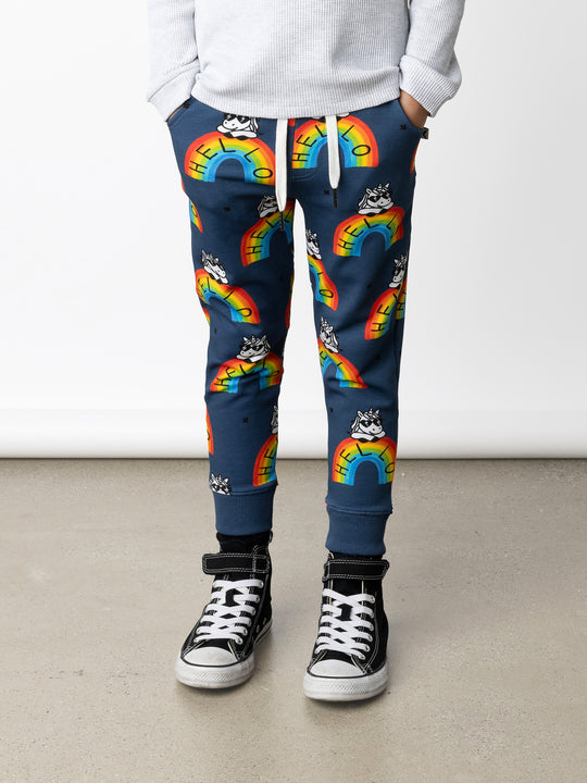 Minti kids clothing. Straight leg trackies with front pockets, shoelace cord and 2x2 rib waistband and cuffs. 320 Gram // 95% Cotton // 5% Elastane.