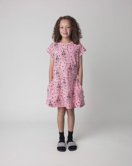 Kid wearing the Bear Hug Dress in pink, full circle video