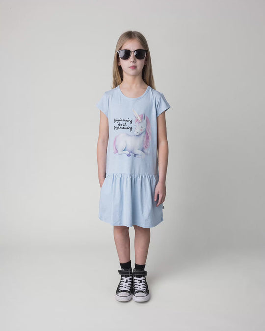 Kid wearing the Daydreaming Unicorn Dress in light blue marle, full circle video