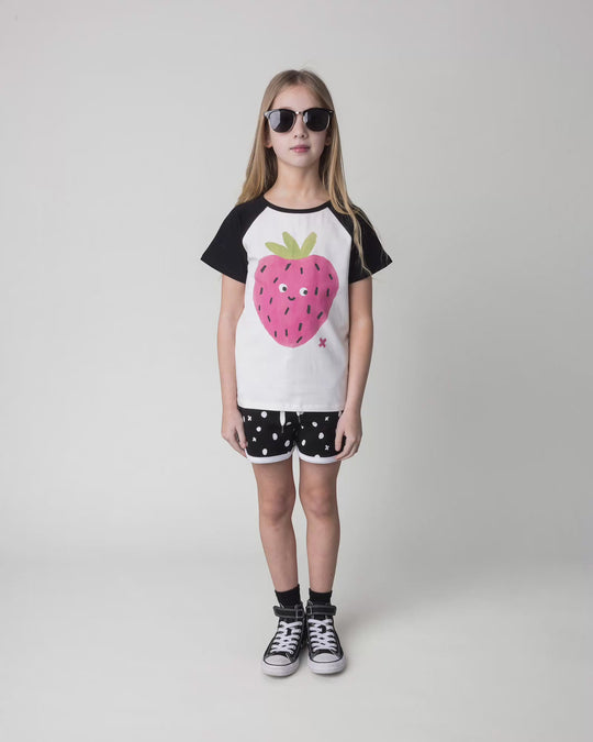 Kid wearing the Happy Strawberry Tee in white and black, full circle video