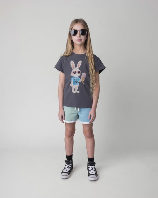 Kid wearing the Icecream Bunny Tee in dark grey, full circle video