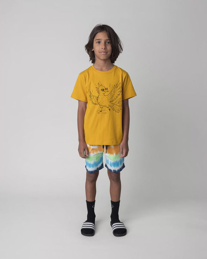 Kid wearing the Skate Phoenix Tee in mustard, full circle video