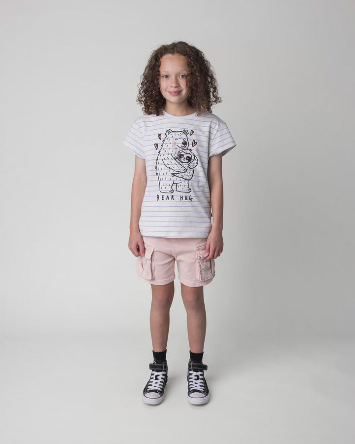 Kid wearing the Bear Hug Tee in marle and purple stripe, full circle video