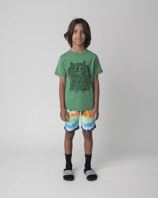 Kid wearing the Patchwork Monster Tee in turf wash, full circle video