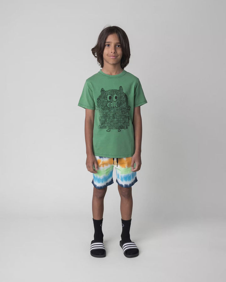 Kid wearing the Patchwork Monster Tee in turf wash, full circle video
