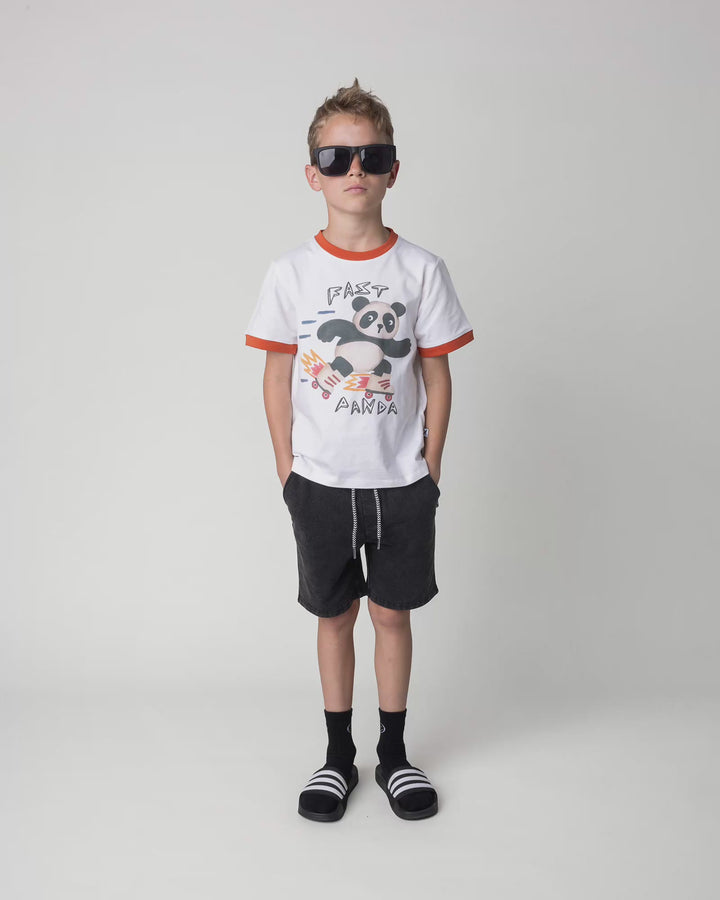 Kid wearing the Fast Panda Tee in white and orange, full circle video