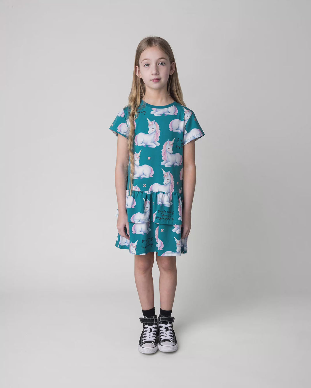 Kid wearing the Daydreaming Unicorn Dress in teal, full circle video