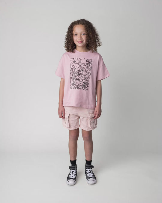 Kid wearing the Flower Party Tee in muted pink, full circle video