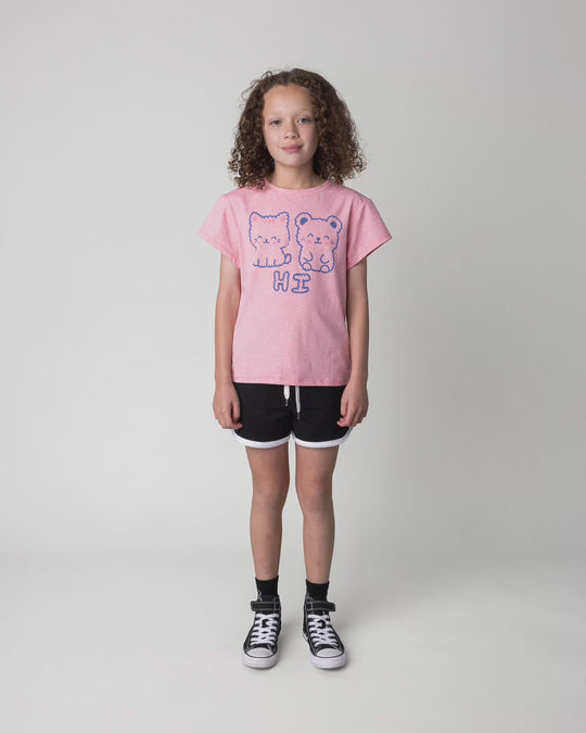 Kid wearing the Hi Cat Bear Tee in strawberry marle, full circle video