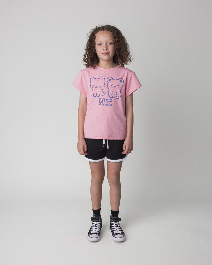 Kid wearing the Hi Cat Bear Tee in strawberry marle, full circle video