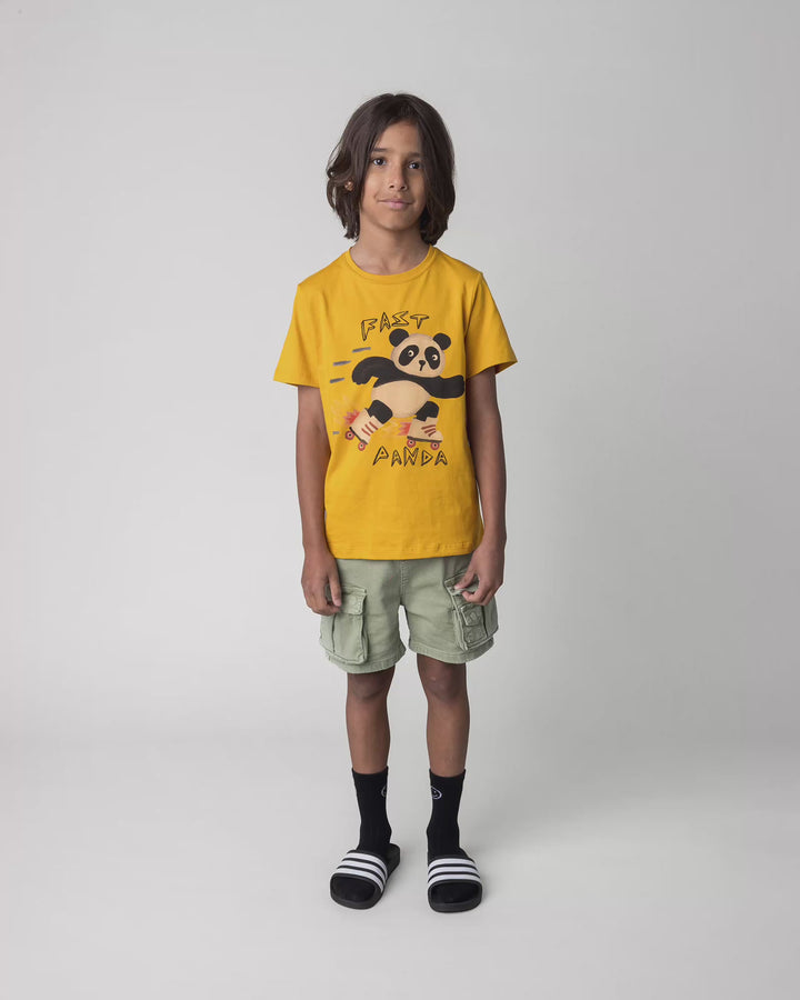 Kid wearing the Fast Panda Tee in mustard, full circle video