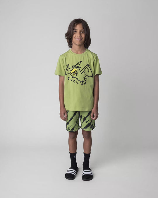 Kid wearing the Cool Pterodactyl Tee in lime, full circle video