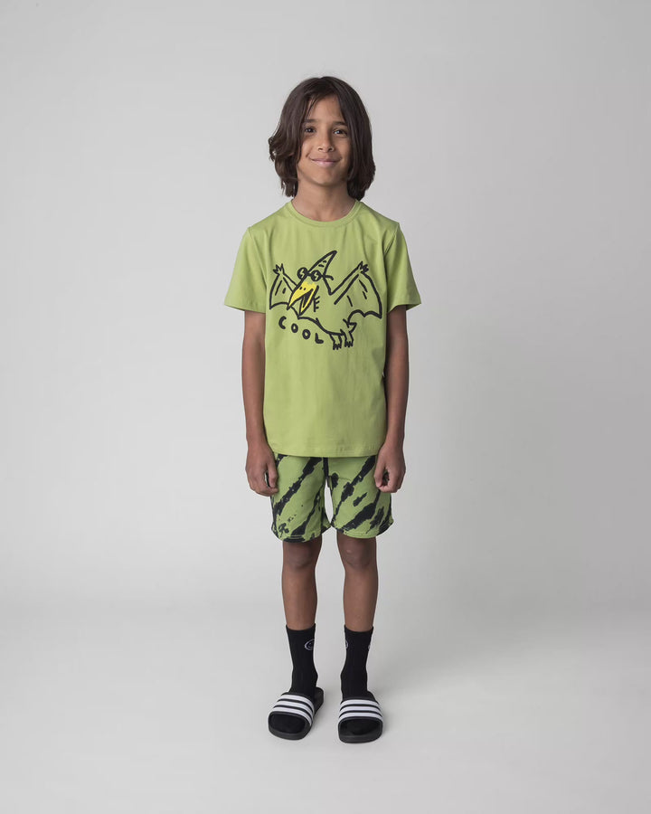 Kid wearing the Cool Pterodactyl Tee in lime, full circle video