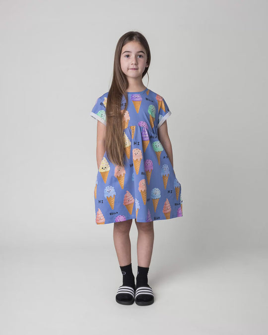 Kid wearing the Happy Icecreams Dress in cornflower, full circle video